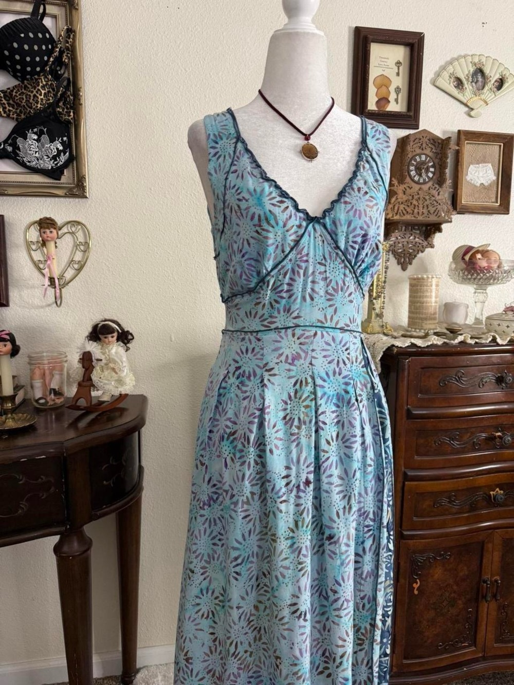 Y2k whimsical fairy grunge boho patchwork aqua blue floral maxi dress - Picture 2 of 6